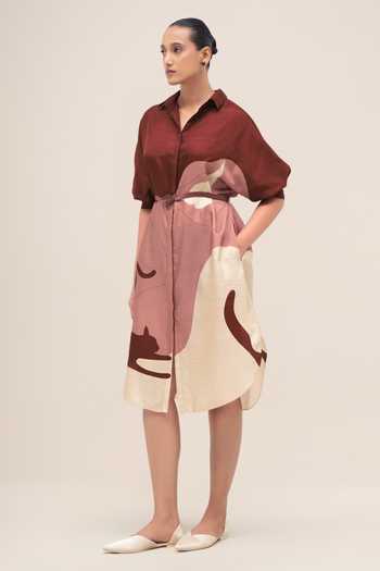 Ampm Red Silk Collared Neck Lina Midi Dress Online at Aza Fashions Ampm_Red Silk Collared Neck Lina Midi Dress _Online_at_Aza_Fashions