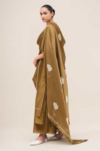 Ampm_Olive Green Organza, Chanderi, Satin Round Neck, Yes Khat Kurta Pant Set _Online_at_Aza_Fashions