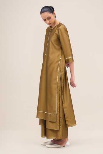 Buy_Ampm_Olive Green Organza, Chanderi, Satin Round Neck, Yes Khat Kurta Pant Set _Online_at_Aza_Fashions