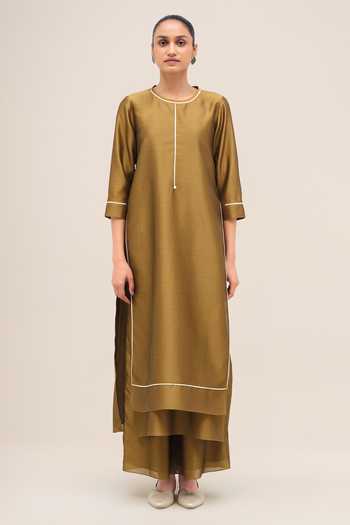 Shop_Ampm_Olive Green Organza, Chanderi, Satin Round Neck, Yes Khat Kurta Pant Set _Online_at_Aza_Fashions