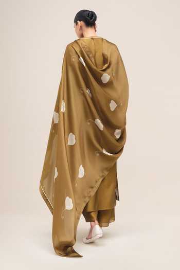 Ampm_Olive Green Organza, Chanderi, Satin Round Neck, Yes Khat Kurta Pant Set _at_Aza_Fashions
