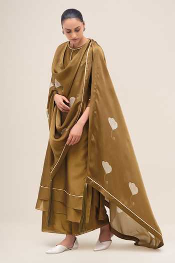 Shop_Ampm_Olive Green Organza, Chanderi, Satin Round Neck, Yes Khat Kurta Pant Set 