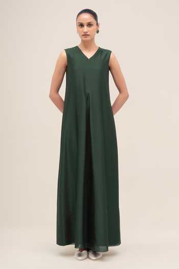 Buy_Ampm_Green Chanderi Shawl Neck Ghubar Abaya Set _Online_at_Aza_Fashions