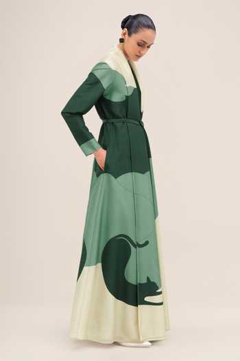 Shop_Ampm_Green Chanderi Shawl Neck Ghubar Abaya Set _Online_at_Aza_Fashions