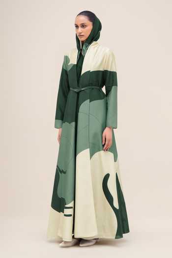 Ampm_Green Chanderi Shawl Neck Ghubar Abaya Set _at_Aza_Fashions