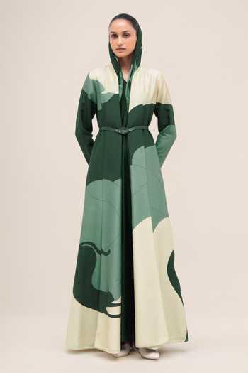 Buy_Ampm_Green Chanderi Shawl Neck Ghubar Abaya Set 