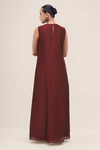 Ampm_Red Chanderi V-neck, Yes Ghubar Abaya Set _Online_at_Aza_Fashions