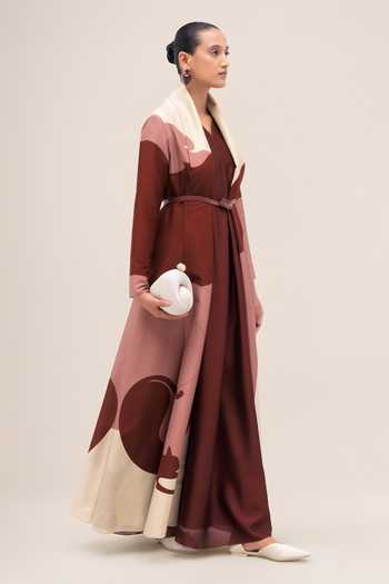 Shop_Ampm_Red Chanderi V-neck, Yes Ghubar Abaya Set _Online_at_Aza_Fashions