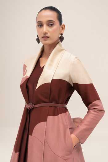Buy_Ampm_Red Chanderi V-neck, Yes Ghubar Abaya Set 