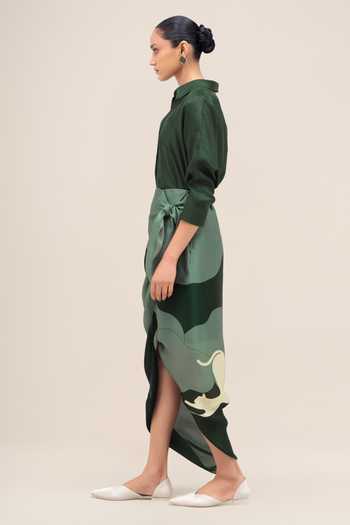 Ampm_Green Silk, Organza, Satin Collared Neck Sehr Shirt Skirt Set _Online_at_Aza_Fashions