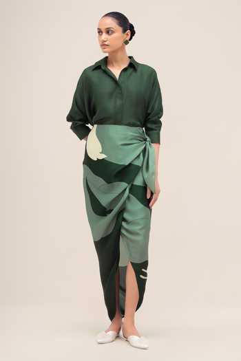 Buy_Ampm_Green Silk, Organza, Satin Collared Neck Sehr Shirt Skirt Set _Online_at_Aza_Fashions