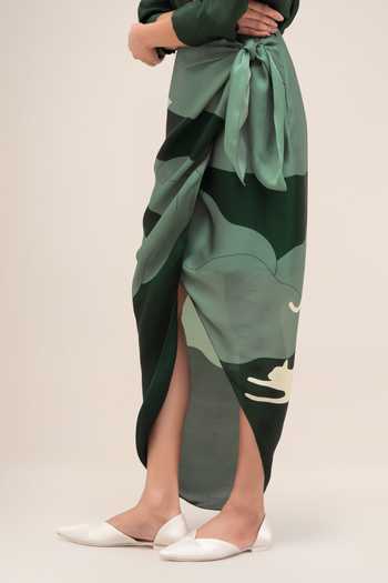 Shop_Ampm_Green Silk, Organza, Satin Collared Neck Sehr Shirt Skirt Set _Online_at_Aza_Fashions
