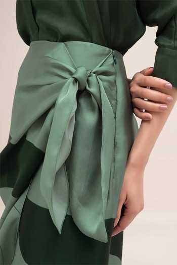 Ampm_Green Silk, Organza, Satin Collared Neck Sehr Shirt Skirt Set _at_Aza_Fashions