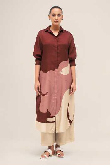 Ampm_Red Silk Collared , Button-down Yara Tunic Palazzo Set _Online_at_Aza_Fashions