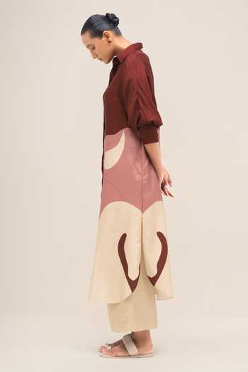 Ampm_Red Silk Collared , Button-down Yara Tunic Palazzo Set _at_Aza_Fashions
