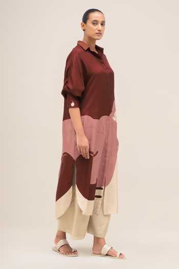 Buy_Ampm_Red Silk Collared , Button-down Yara Tunic Palazzo Set 