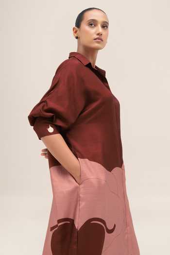 Shop_Ampm_Red Silk Collared , Button-down Yara Tunic Palazzo Set 