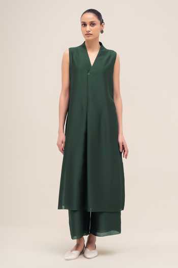 Ampm Green Chanderi, Silk Organza Shawl Neck Rinat Jacket Palazzo Set Online at Aza Fashions Ampm_Green Chanderi, Silk Organza Shawl Neck Rinat Jacket Palazzo Set _Online_at_Aza_Fashions