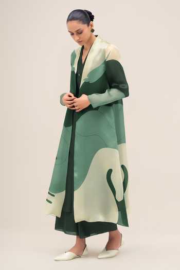 Buy Ampm Green Chanderi, Silk Organza Shawl Neck Rinat Jacket Palazzo Set Buy_Ampm_Green Chanderi, Silk Organza Shawl Neck Rinat Jacket Palazzo Set