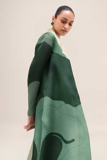 Shop Ampm Green Chanderi, Silk Organza Shawl Neck Rinat Jacket Palazzo Set Shop_Ampm_Green Chanderi, Silk Organza Shawl Neck Rinat Jacket Palazzo Set