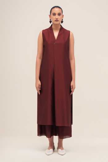 Ampm Red , , Chanderi, Shawl Neck Rinat Jacket Palazzo Set Online at Aza Fashions Ampm_Red , , Chanderi, Shawl Neck Rinat Jacket Palazzo Set _Online_at_Aza_Fashions