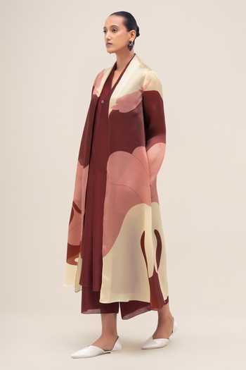 Shop Ampm Red , , Chanderi, Shawl Neck Rinat Jacket Palazzo Set Online at Aza Fashions Shop_Ampm_Red , , Chanderi, Shawl Neck Rinat Jacket Palazzo Set _Online_at_Aza_Fashions
