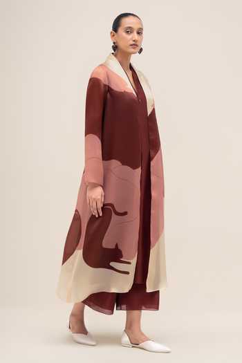 Ampm Red , , Chanderi, Shawl Neck Rinat Jacket Palazzo Set at Aza Fashions Ampm_Red , , Chanderi, Shawl Neck Rinat Jacket Palazzo Set _at_Aza_Fashions