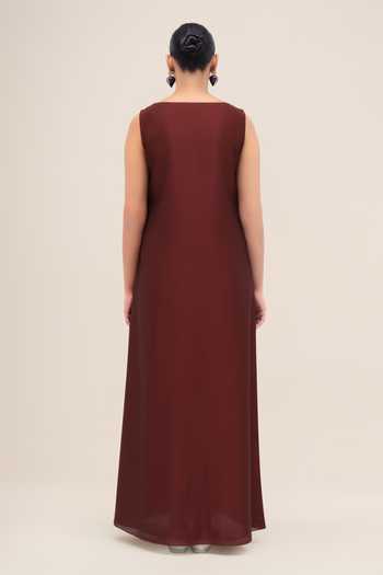 Ampm_Red Chanderi Mandarin Collar, Yes Inara Abaya Set _Online_at_Aza_Fashions