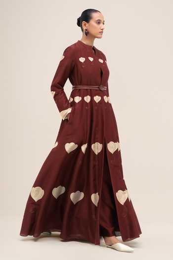 Shop_Ampm_Red Chanderi Mandarin Collar, Yes Inara Abaya Set _Online_at_Aza_Fashions