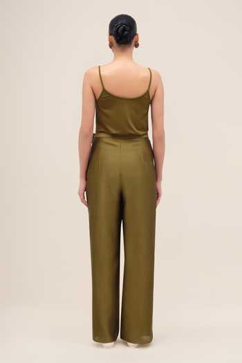 Ampm_Olive Green Organza, Satin Collared Neck Shirin _Online_at_Aza_Fashions