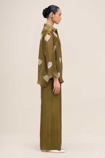 Buy_Ampm_Olive Green Organza, Satin Collared Neck Shirin _Online_at_Aza_Fashions