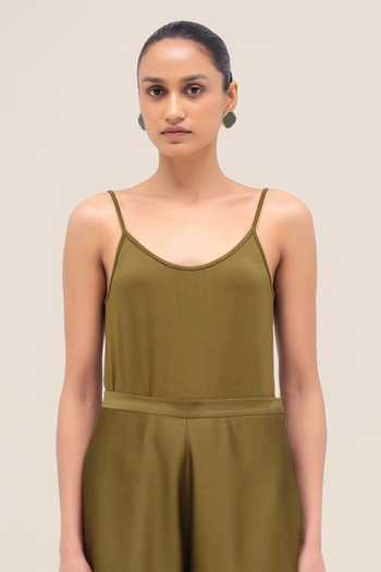 Shop_Ampm_Olive Green Organza, Satin Collared Neck Shirin _Online_at_Aza_Fashions