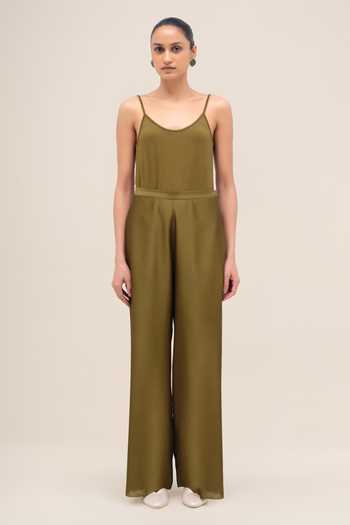 Ampm_Olive Green Organza, Satin Collared Neck Shirin _at_Aza_Fashions