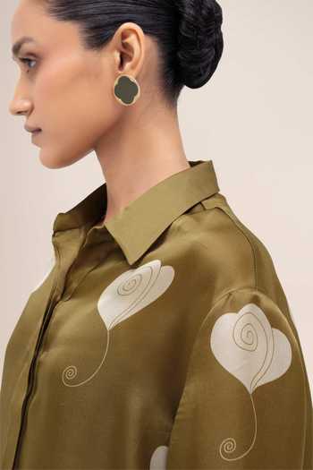 Buy_Ampm_Olive Green Organza, Satin Collared Neck Shirin 