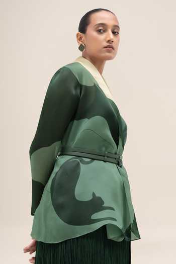 Shop_Ampm_Green Silk Organza Shawl Neck Zohra Printed Shirt _Online_at_Aza_Fashions