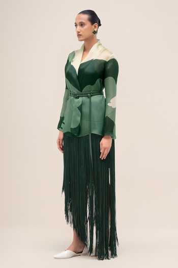 Ampm_Green Silk Organza Shawl Neck Zohra Printed Shirt _at_Aza_Fashions