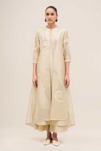 Ampm_Ivory Chanderi Mandarin Collar Rida Jacket Palazzo Set _Online_at_Aza_Fashions