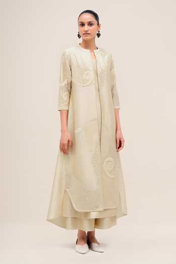 Shop_Ampm_Ivory Chanderi Mandarin Collar Rida Jacket Palazzo Set 