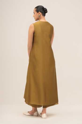 Ampm Olive Green Chanderi Mandarin Collar Rida Jacket Palazzo Set Online at Aza Fashions Ampm_Olive Green Chanderi Mandarin Collar Rida Jacket Palazzo Set _Online_at_Aza_Fashions