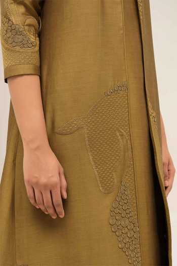 Buy Ampm Olive Green Chanderi Mandarin Collar Rida Jacket Palazzo Set Online at Aza Fashions Buy_Ampm_Olive Green Chanderi Mandarin Collar Rida Jacket Palazzo Set _Online_at_Aza_Fashions