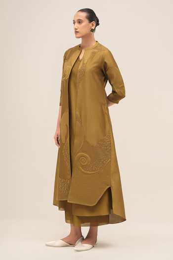 Shop Ampm Olive Green Chanderi Mandarin Collar Rida Jacket Palazzo Set Online at Aza Fashions Shop_Ampm_Olive Green Chanderi Mandarin Collar Rida Jacket Palazzo Set _Online_at_Aza_Fashions
