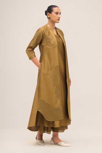 Buy Ampm Olive Green Chanderi Mandarin Collar Rida Jacket Palazzo Set Buy_Ampm_Olive Green Chanderi Mandarin Collar Rida Jacket Palazzo Set