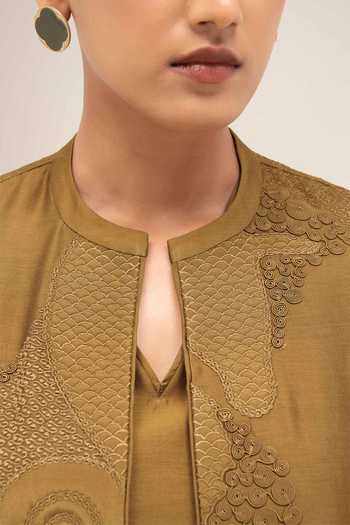 Shop Ampm Olive Green Chanderi Mandarin Collar Rida Jacket Palazzo Set Shop_Ampm_Olive Green Chanderi Mandarin Collar Rida Jacket Palazzo Set