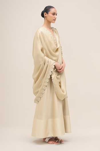 Ampm_Ivory Organza, Chanderi, Satin V-neck Naghma Kurta Palazzo Set _Online_at_Aza_Fashions