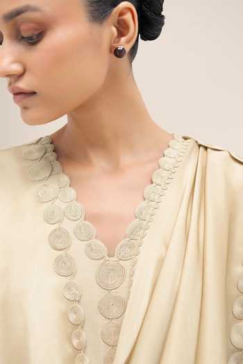 Shop_Ampm_Ivory Organza, Chanderi, Satin V-neck Naghma Kurta Palazzo Set _Online_at_Aza_Fashions