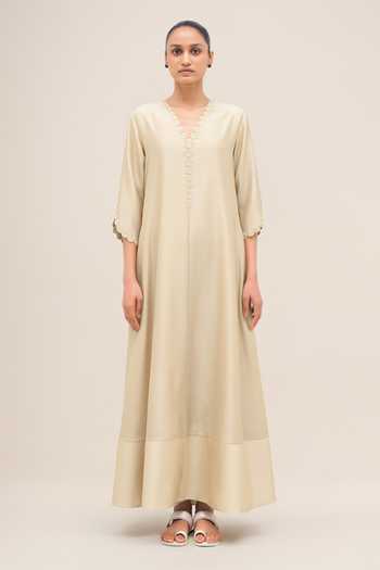 Shop_Ampm_Ivory Organza, Chanderi, Satin V-neck Naghma Kurta Palazzo Set 