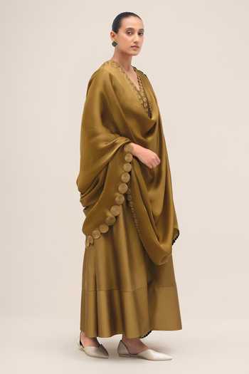 Ampm_Olive Green Organza, Chanderi, Satin V-neck Naghma Kurta Palazzo Set _Online_at_Aza_Fashions