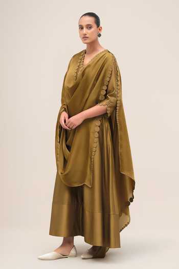 Buy_Ampm_Olive Green Organza, Chanderi, Satin V-neck Naghma Kurta Palazzo Set _Online_at_Aza_Fashions