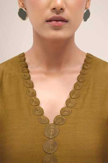 Shop_Ampm_Olive Green Organza, Chanderi, Satin V-neck Naghma Kurta Palazzo Set _Online_at_Aza_Fashions