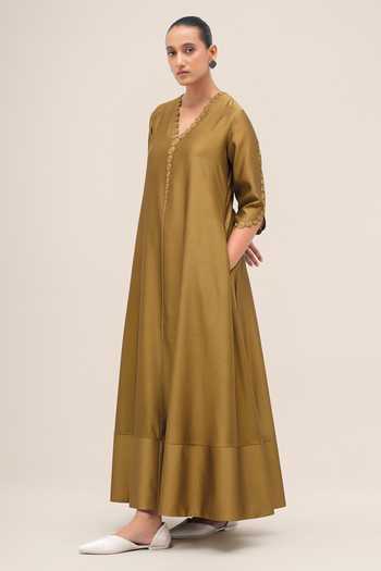 Ampm_Olive Green Organza, Chanderi, Satin V-neck Naghma Kurta Palazzo Set _at_Aza_Fashions